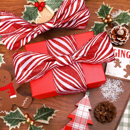 Whaline Christmas Glitter Candy Cane Ribbon White Red Stripe Wired Edge Ribbon 2.5 Inch Rustic Farmhouse Craft Ribbons for Xmas DIY Gift Wrapping Floral Arrangement Wreath Bow Decoration, 10 Yard