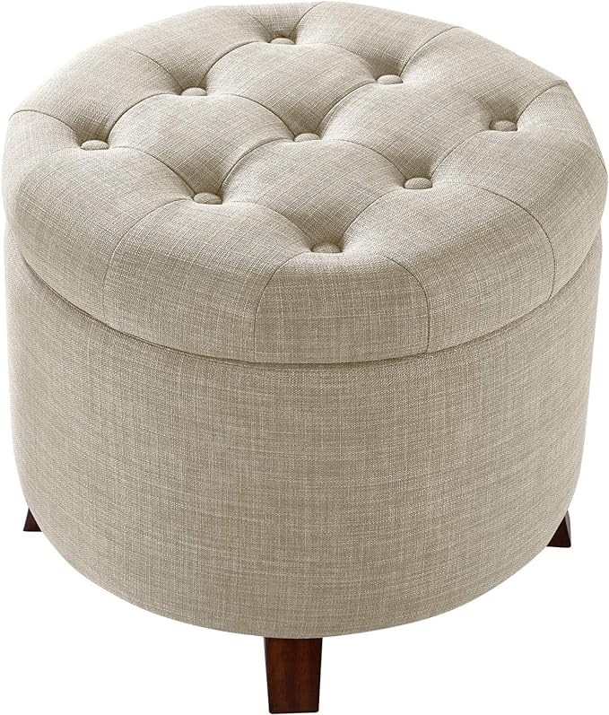 Amazon Basics Round Storage Ottoman Foot Rest, Button Tufted Upholstered