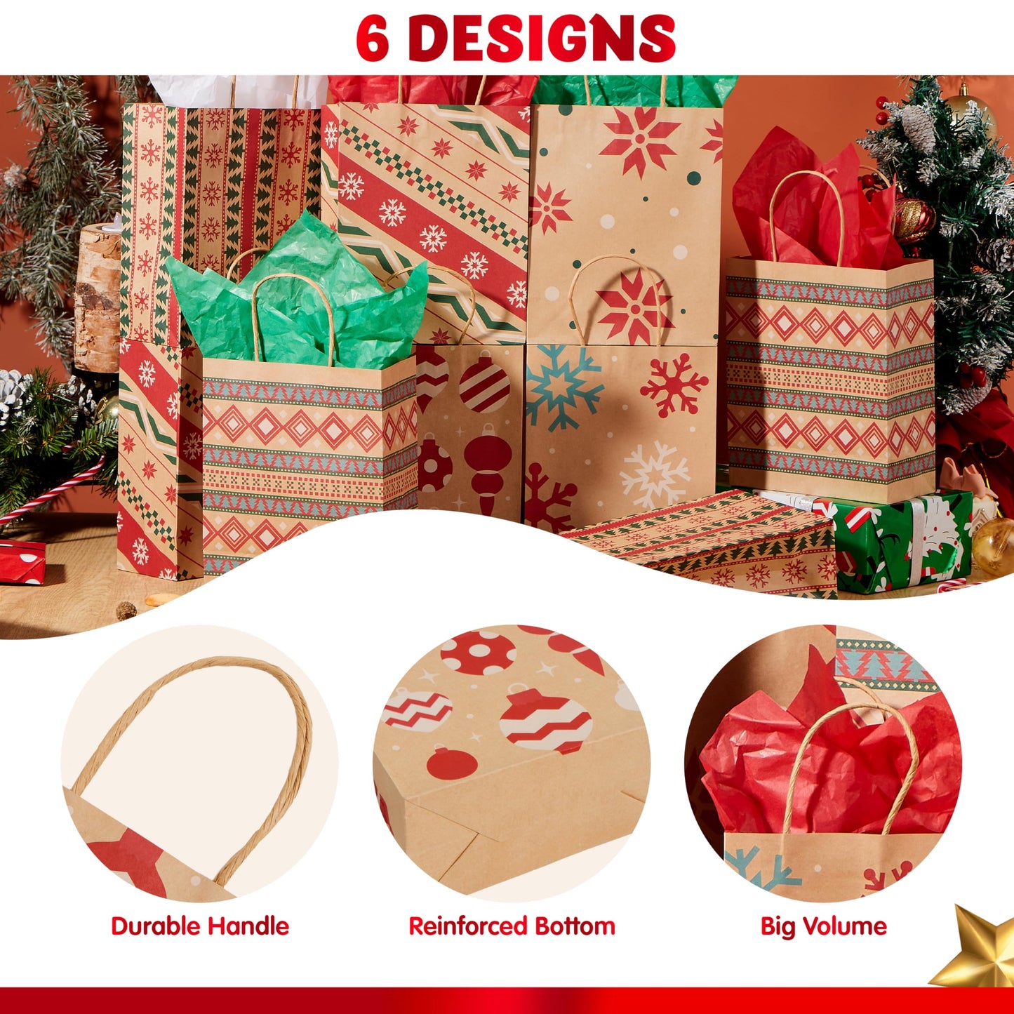 JOYIN 48 PCS Christmas Kraft Gift Bags 7" x 9" x 3.5" for Gifts Party Supplies Decor, Xmas Goody Treat Candy Bags for Holiday Wedding Gift Decor Classrooms and Party Favors Presents Wrapping