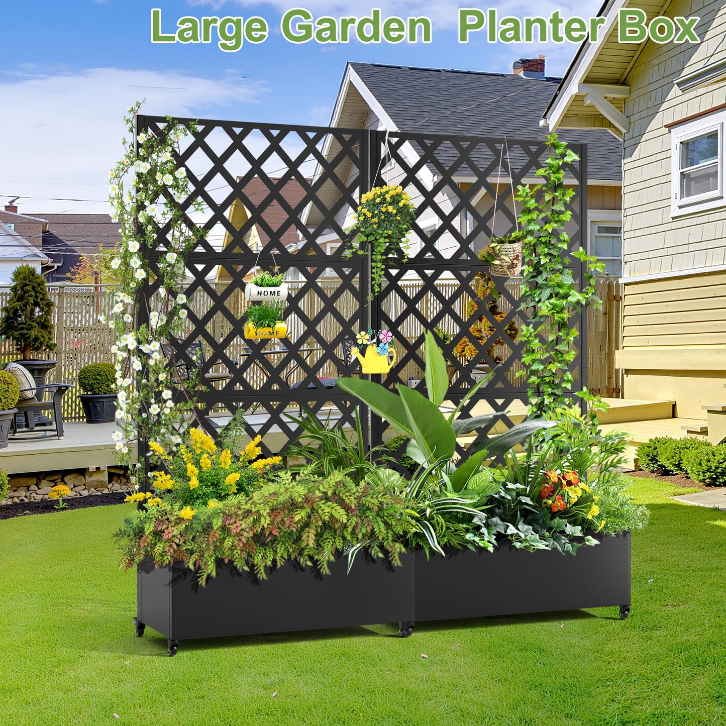 YESUNEED Metal Planter Trellis Box with Wheels & Drain Plug Outdoor Raised Garden Bed Patio Privacy Screen with Planter for Climbing Plants, Vegetables 73"x35"x16" Black-Diamond