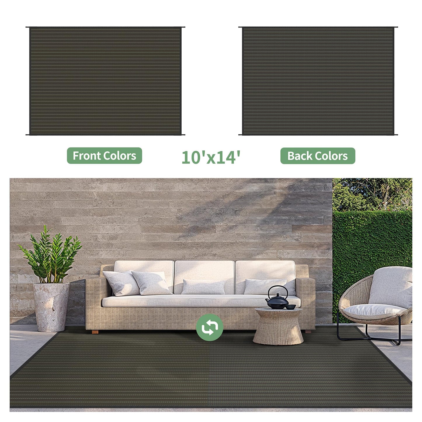 GENIMO Outdoor Rug for Patio Clearance, 10'x14' Reversible Plastic Straw Rugs, Lightweight Waterproof RV Camping Mat for Camper, Balcony, Deck, Backyard, Picnic, Black & Brown