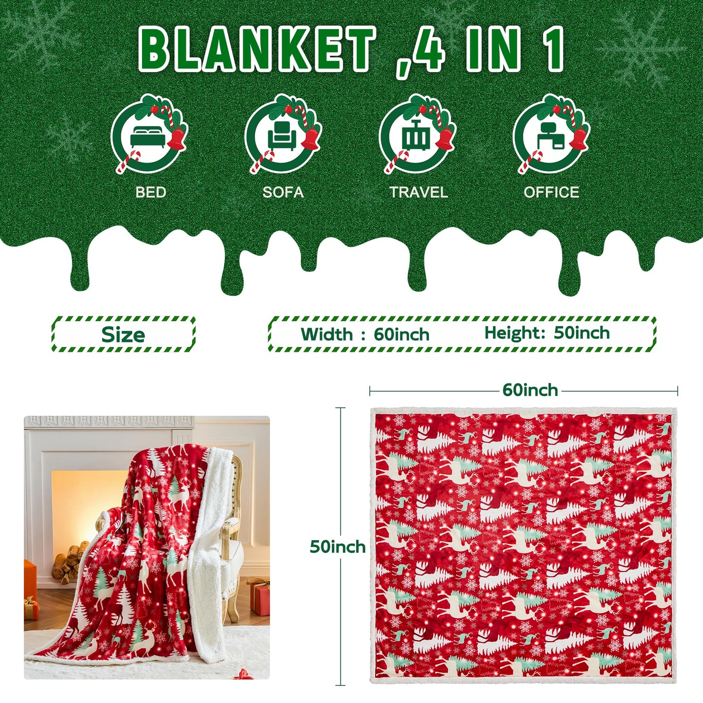 NORD ECO Christmas Throw Blanket, Christmas Decorations Gifts for Women, Sherpa Flannel Fleece Winter Holiday Blanket, Fluffy Cozy Soft Christams Throws for Couch Sofa Bed, DoubleDeer, 50" X 60"