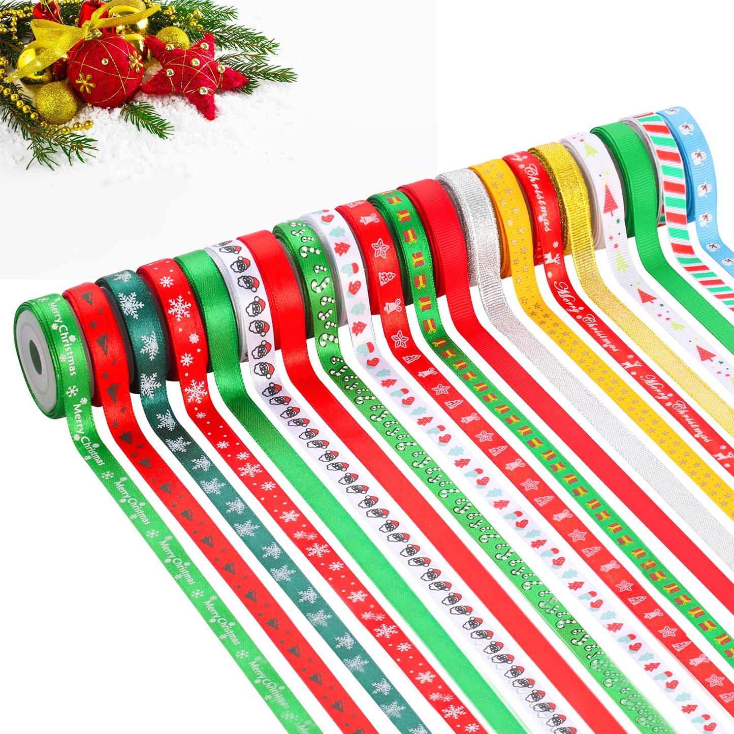 LIUYAXI 20 Rolls 100 Yards Christmas Ribbon for Gift Wrapping,3/8 Inch Christmas Ribbon,Christmas Satin Grosgrain Ribbon for Crafts DIY Holiday Christmas Decorations