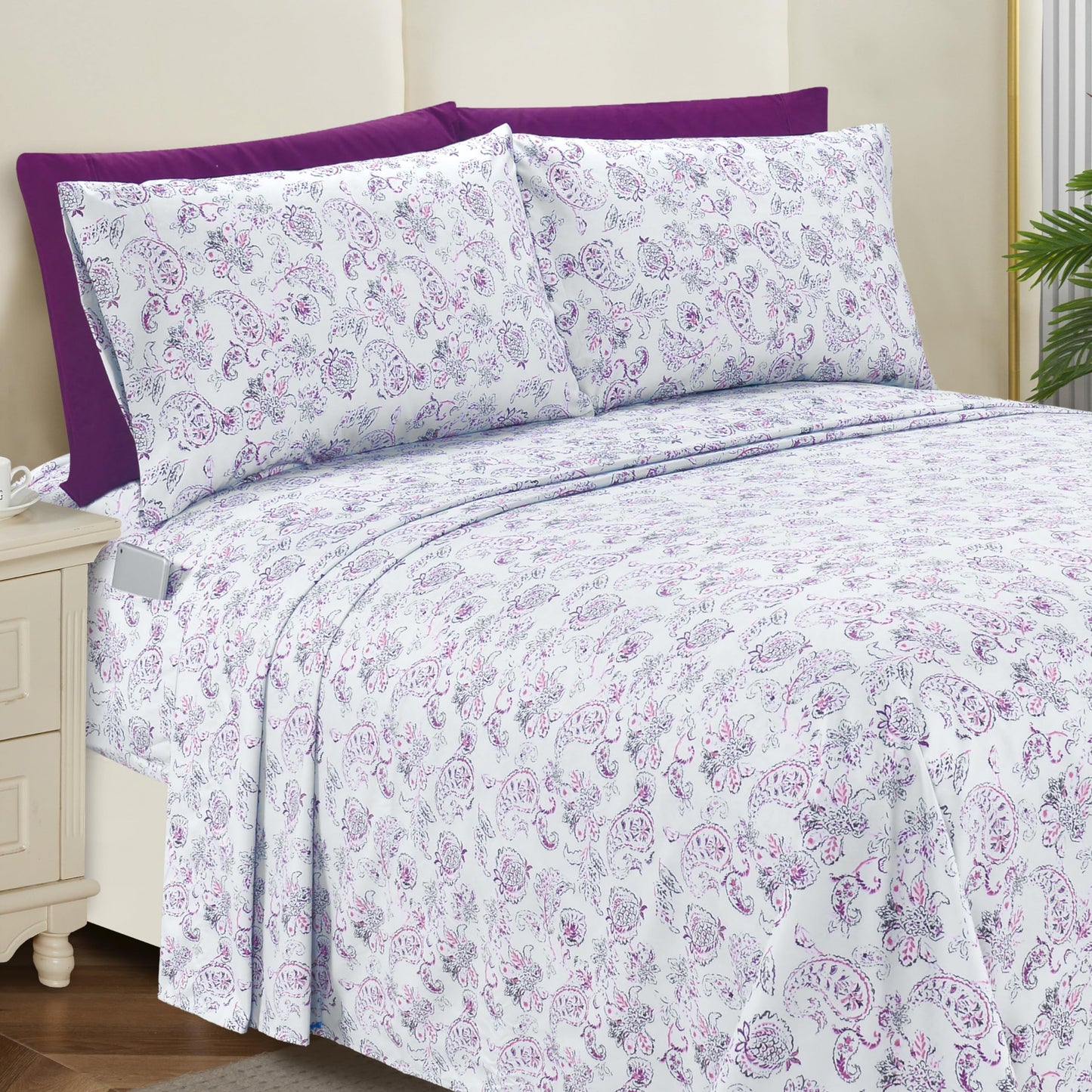 Elegant Comfort Softest and Coziest 6-Piece Sheet Set - 1500 Premium Hotel Quality Microfiber - Deep Pocket, Wrinkle Resistant 6-Piece Paisley Pattern Bed Sheet Set, Queen, Paisley Purple