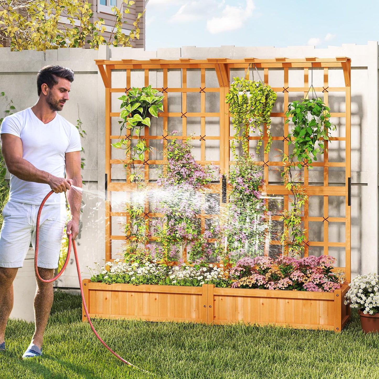 Giantex Large Raised Garden Bed with Trellis & Roof, 72" Wooden Garden Bed, High Trellis for Plant Flower Climbing Pot Hanging, Indoor & Outdoor Planter Box for Yard, Garden, Balcony