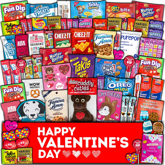 Valentine's Day Gift Care Package (65ct) Snacks Chocolates Candy Box Assortment Variety Bundle Present Kids Adults Boy Girl Guy Friend College Husband Wife Boyfriend Girlfriend Love