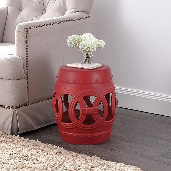 JONATHAN Y TBL1022C Lucky Coins 16" Chinese Ceramic Drum Indoor/Outdoor Garden Stool Bohemian, Coastal, Cottage, French Country, Traditional, for Living Room, Garden Room, Patio, Matte Red