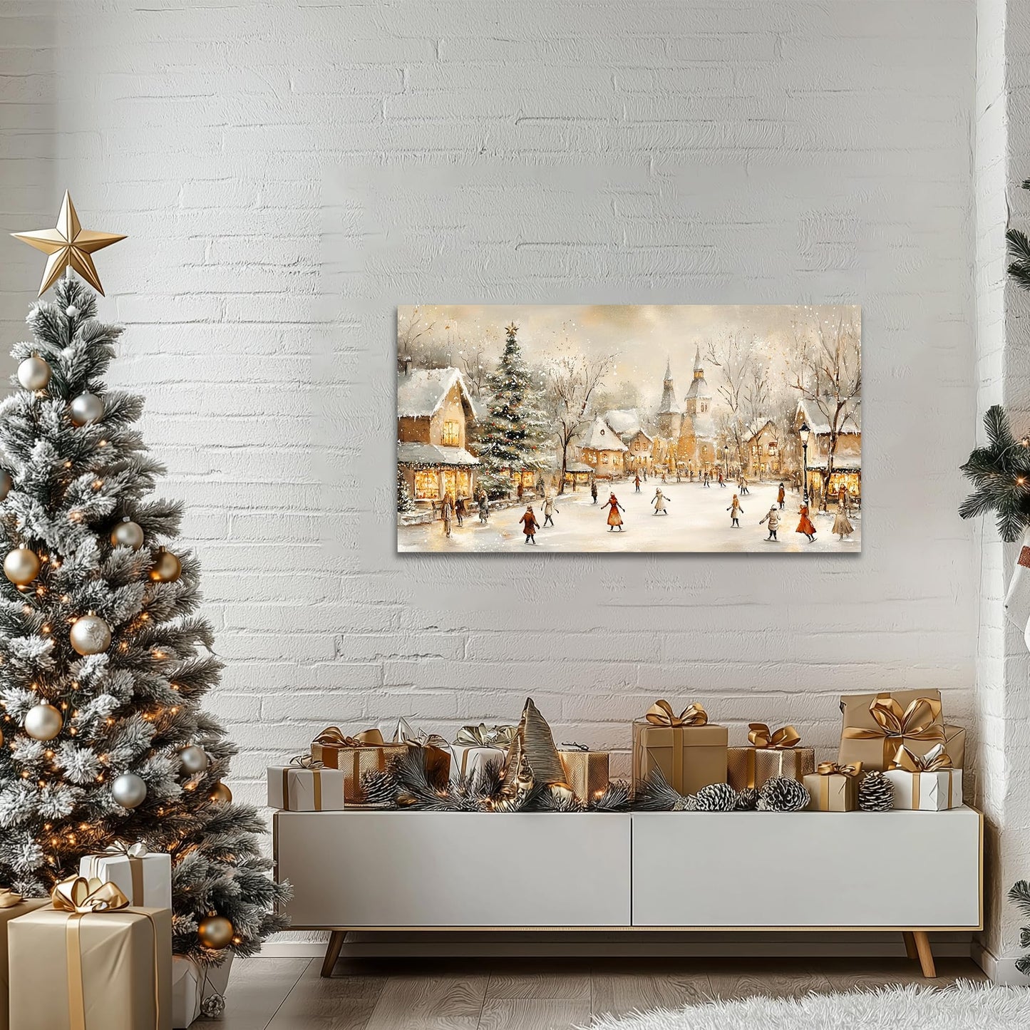 GUTTATY Christmas Village Santa Canvas Wall Art, Winter Snow Scene Canvas Wall Decor, Festive Christmas Poster, Warm White Hanging Painting Prints for Living Room, Hallway, 32x16 Inch