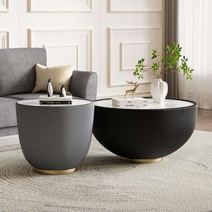 Round Marble Coffee Table Set of 2, 2 Piece White Coffee Table and End Table