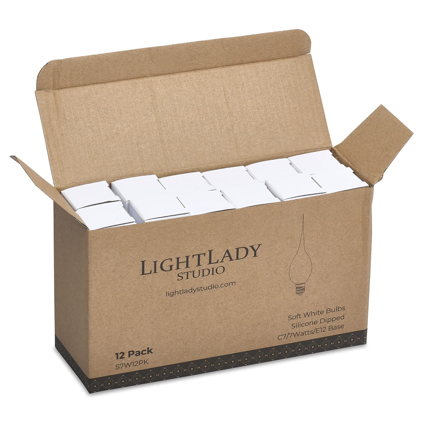 LightLady Studio Silicone Light Bulbs for Candle Lamps, 7 Watts, 12 Pack Dipped Candle Bulbs for Window Candles, Candelabra, Handmade White Flame Shaped Design