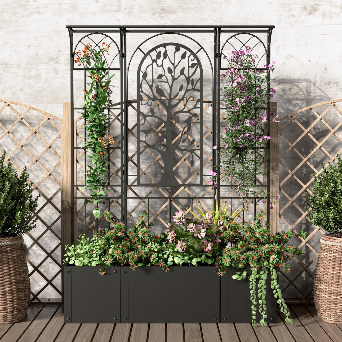 Athuiline Metal Planter Box with Trellis, Raised Garden Bed with Trellis Privacy Screen, 62 inch Tall Planter Boxes for Climbing Plants, Flowers, Vegetables, Fruits, Balcony and Patio Decor (Black)