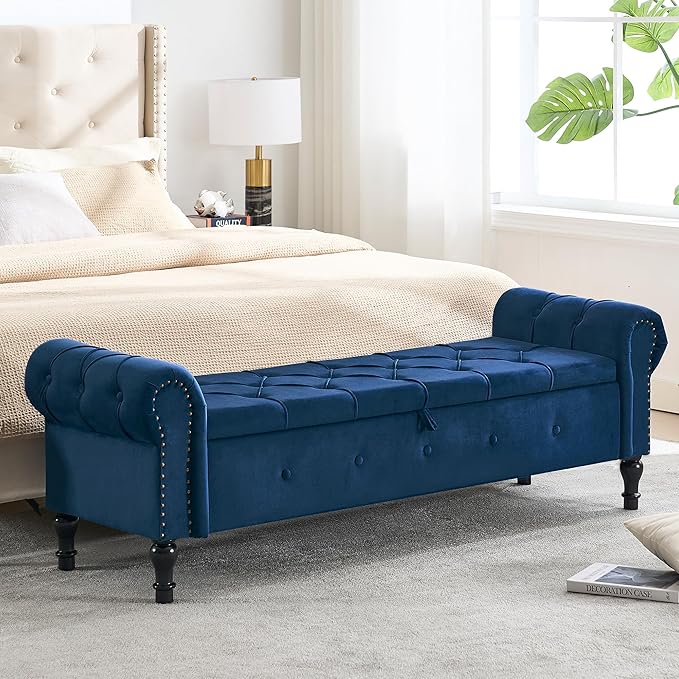 Storage Bench for Bedroom, Velvet 67" End of Bed Bench, King Size Bench