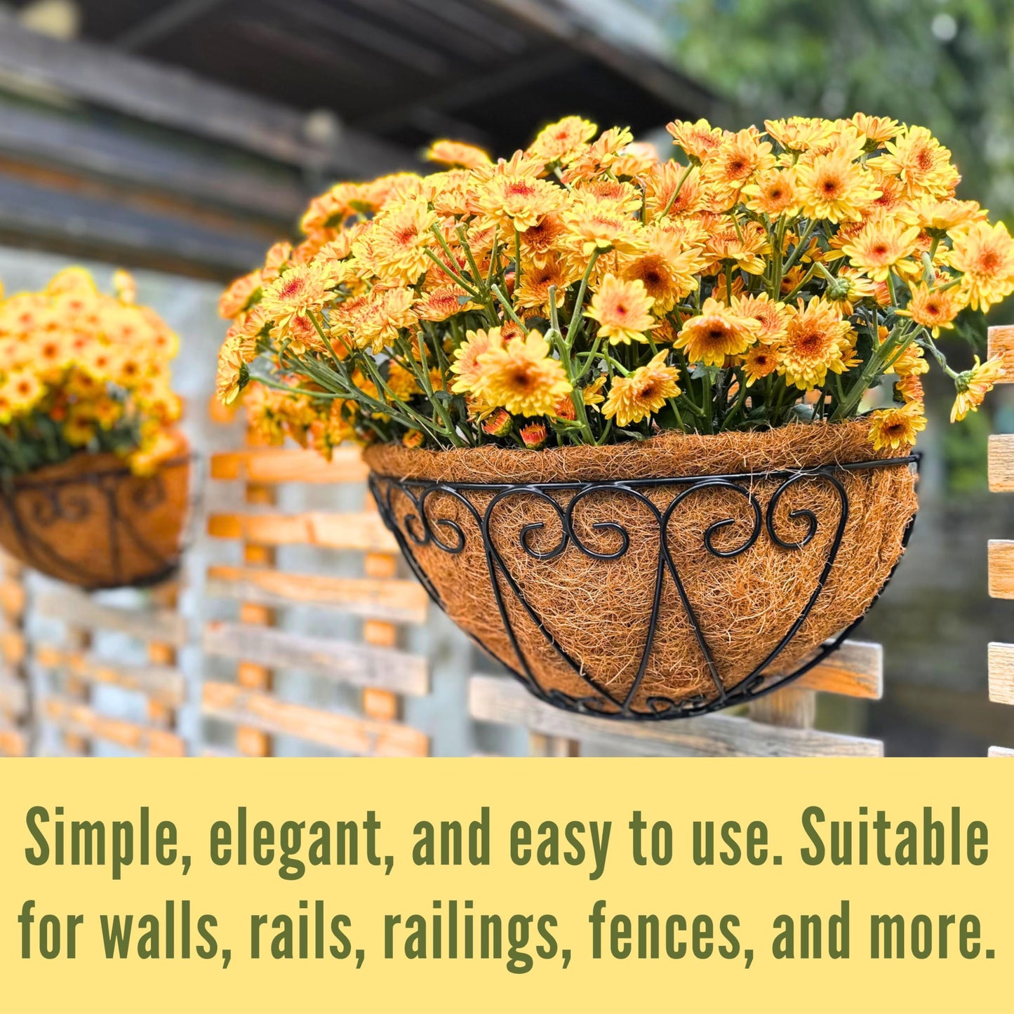 LaLaGreen Outdoor Wall Planters (2 Pack, 16 Inch) Black Metal Wall Mounted Hanging Basket with Coco Liner, Large Flower Pot Plant Holder Planter for Fence Railing Deck Porch Balcony Modern Home Decor