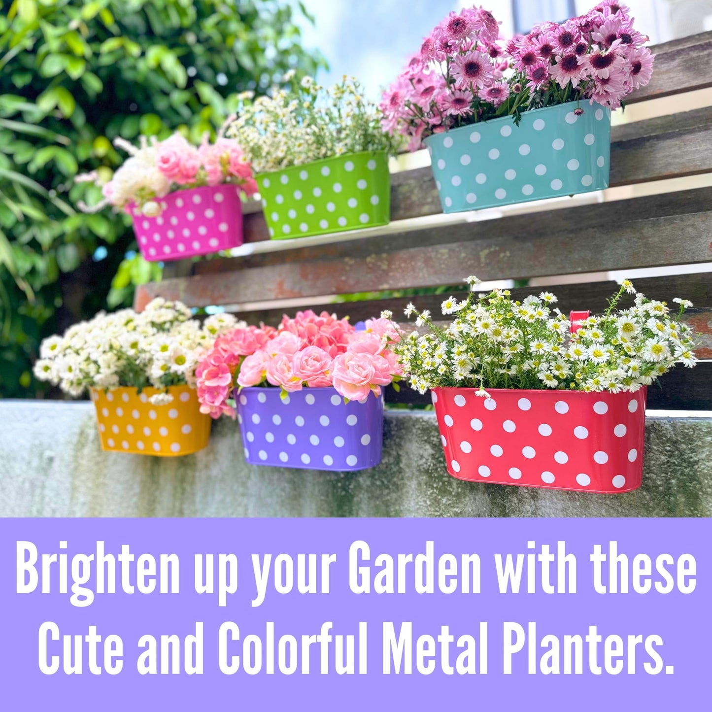LaLaGreen Outdoor Hanging Planter (11.2 Inch, 6 Pack) Light Blue, Neon Pink, Dark Purple, Yellow, Red Metal Iron Window Box Polka Dot Herb Flower Pot Deck Railings Fence Wall Mount Porch Garden Decor
