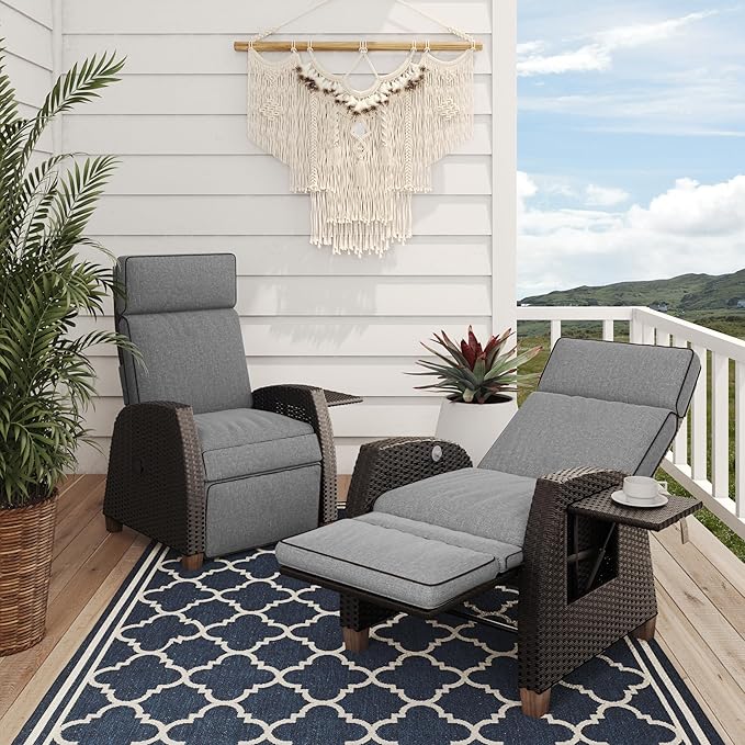 Grand patio Outdoor Reclining Chairs with Extended Footrest 2-Piece Adjustable WickerPatio Lounge Recliner up to 15 with Flip Side Table, Cool Grey