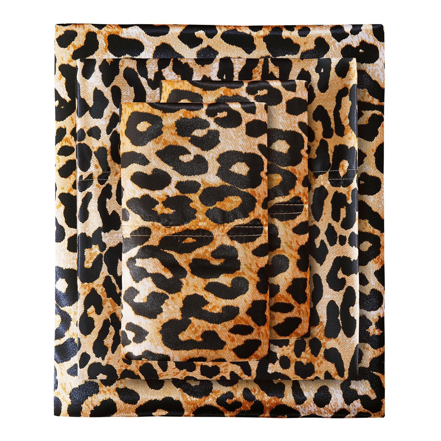lasoftan Leopard Print Satin Sheets Queen, Silky Animal Printed Fitted Bed Sheet with 15" Deep Pocket & Non-Slip Straps, Luxury Hotel Satin Summer Cooling Sheets & Pillowcase Set, Yellow