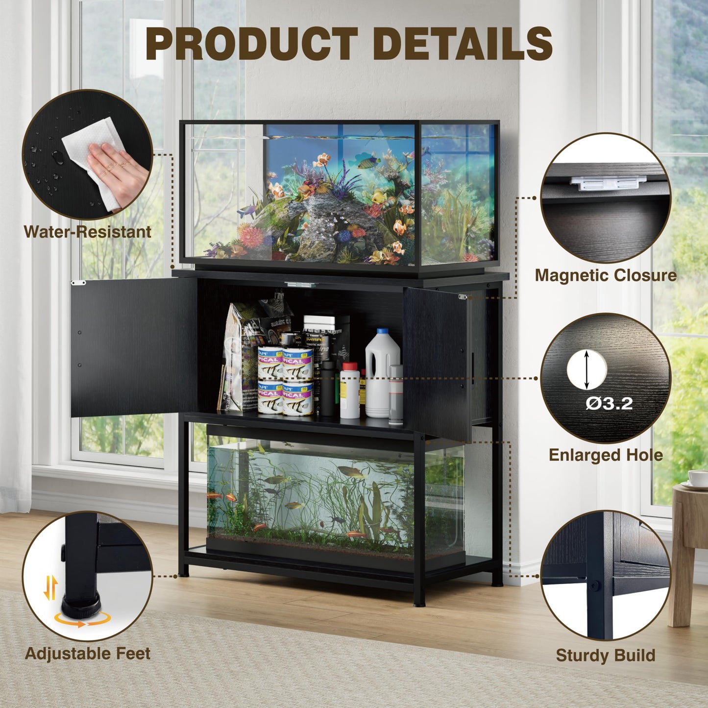 Hylemoros 20/29/30 Gallon Fish Tank Stand with Storage Cabinet Farmhouse Wood Aquarium Stand for Fish Reptile Heavy Duty Terrarium Stand for Living Room Entry Way Hallway Black