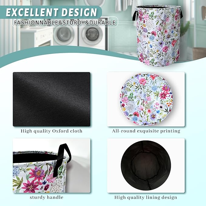 Watercolor Flower Floral Laundry Basket Foldable