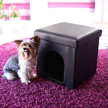 Dog House Ottoman, 38 x 38 x 38 cm, Seat Box with Practical Hole for Pets, Faux Leather, Removable Lid, Black