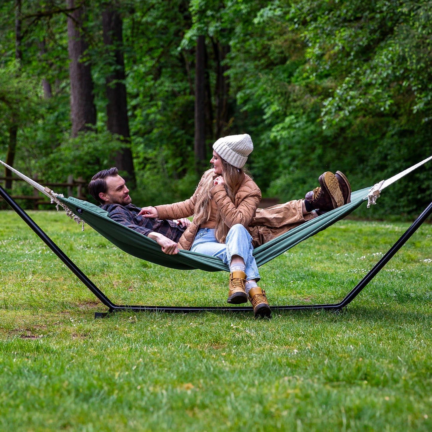 SUNCREAT Hammocks Extra Large Double Hammock with 12 ft Stand, 475lbs Capacity, Outdoor Portable Hammock with Hardwood Spreader Bar, Extra Large Pillow, Gray Green