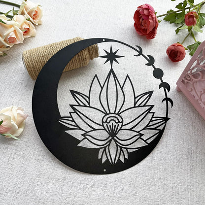 DUOOLN Moon Metal Floral Art Decor, 11" Black Boho Floral Star Phase Wall Sign, Half Moon Flower Sculpture Hanging Wall Decor for Bedroom Living Room Home Wall Decoration