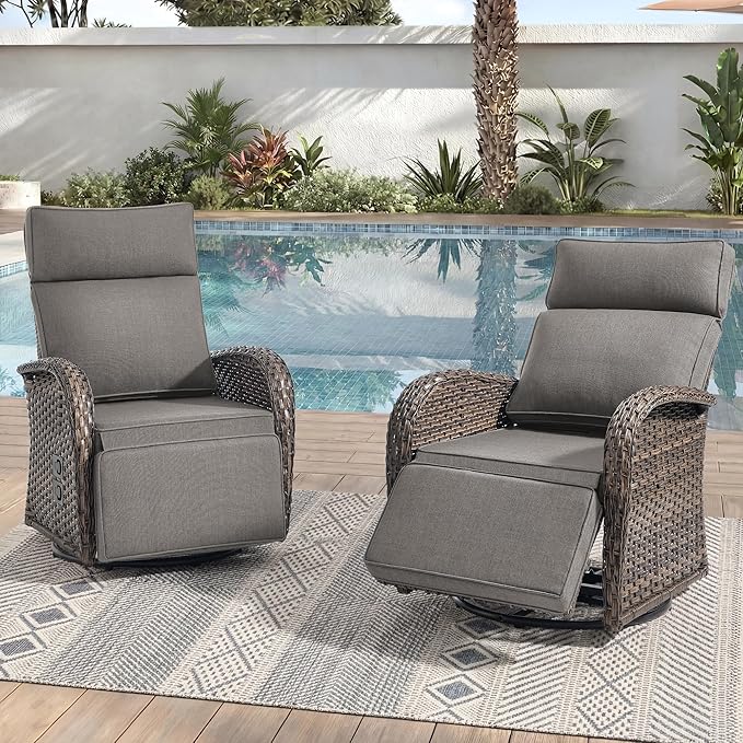 Zero Gravity Patio Swivel Rocking Recliner Chairs Set of 2 - Wicker Outdoor Lounge Chair with Adjustable Backrest & Footrest, All Weather Reclining Rocker Chairs with Thick Cushion for Pool Deck Grey