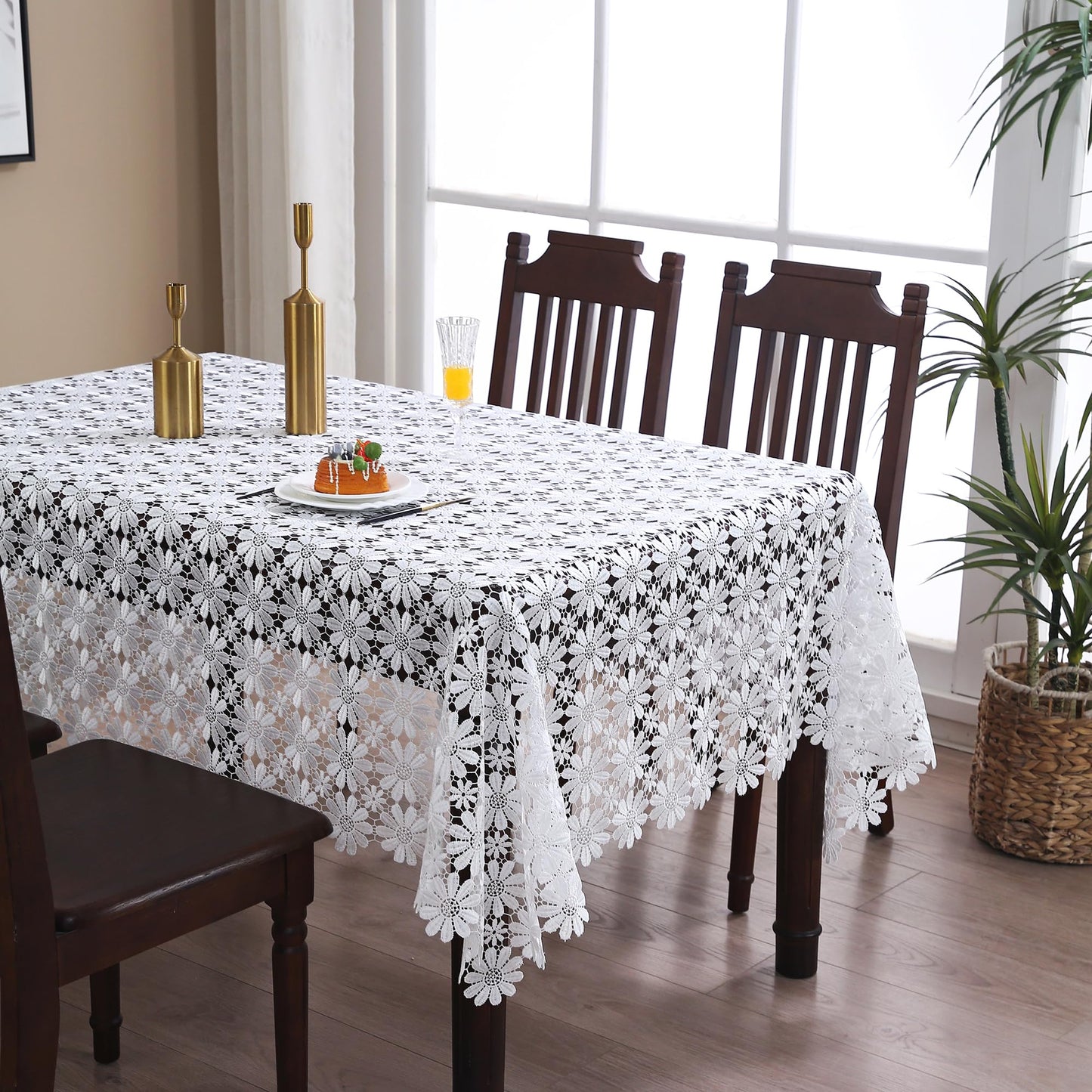 Farmhouse Tablecloth Crochet Lace White Table Cloth Rectangle Rustic Fabric Sheet Outdoor 6ft Table Cover For Dining Kitchen/Restaurant/Picnic/Holiday/Birthday/Party/Summer/Spring/Fall/Christmas