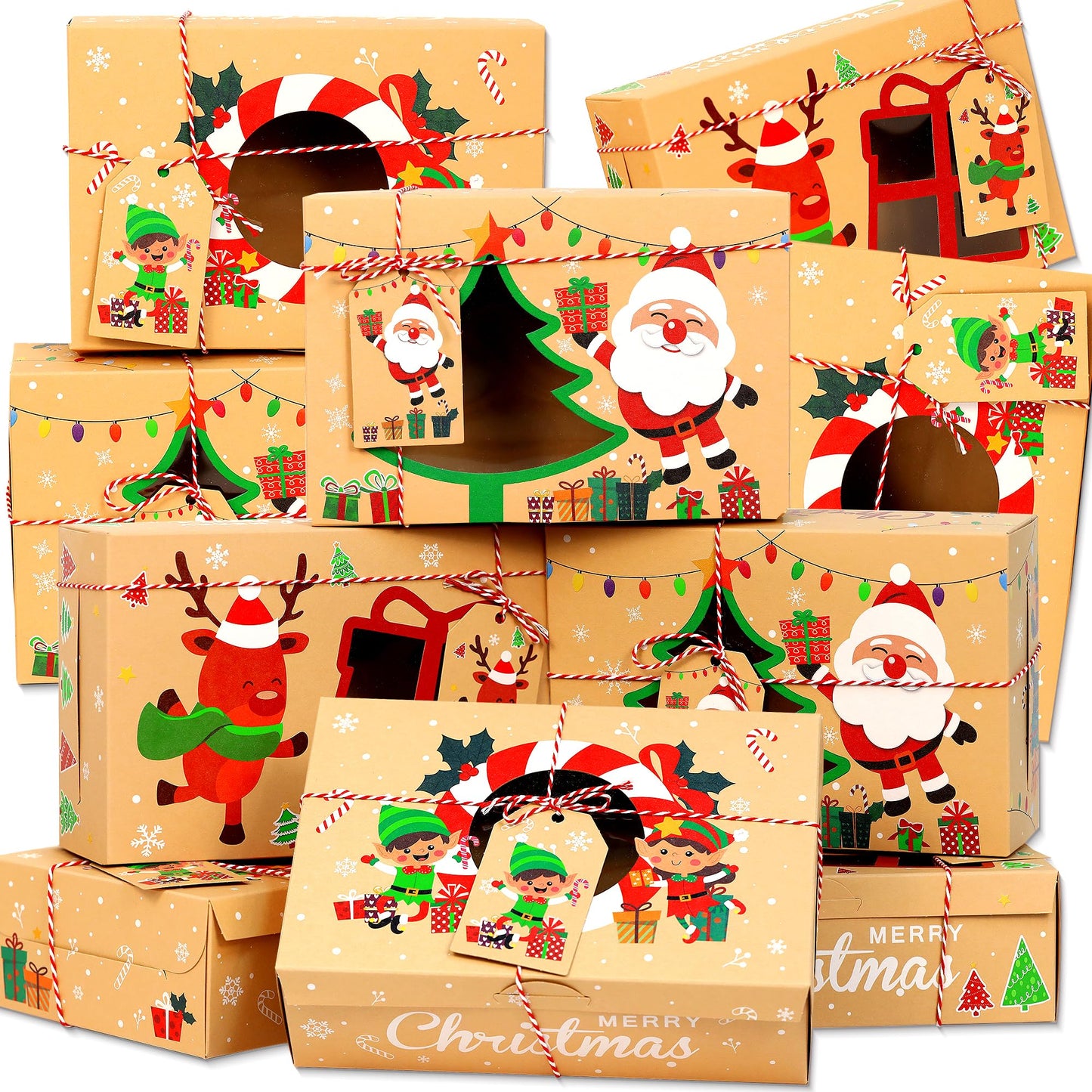 Parma77 12PCS Christmas Cookie Boxes, 8.6" x 5.9" x2.7" Holiday Treat Cookie Tin with Window, Christmas Treat Boxes for Donuts Cupcake Candy Gift Giving