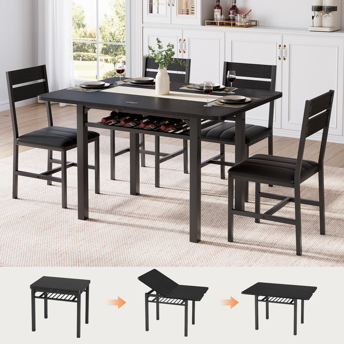 MapleGrace Dining Table Set for 4, Extendable Kitchen Table with 4 PU Leather Upholstered Dining Room Chairs, Wood Kitchen Table Set with Built-in Storage Rack for Dining & Small Spaces, Black