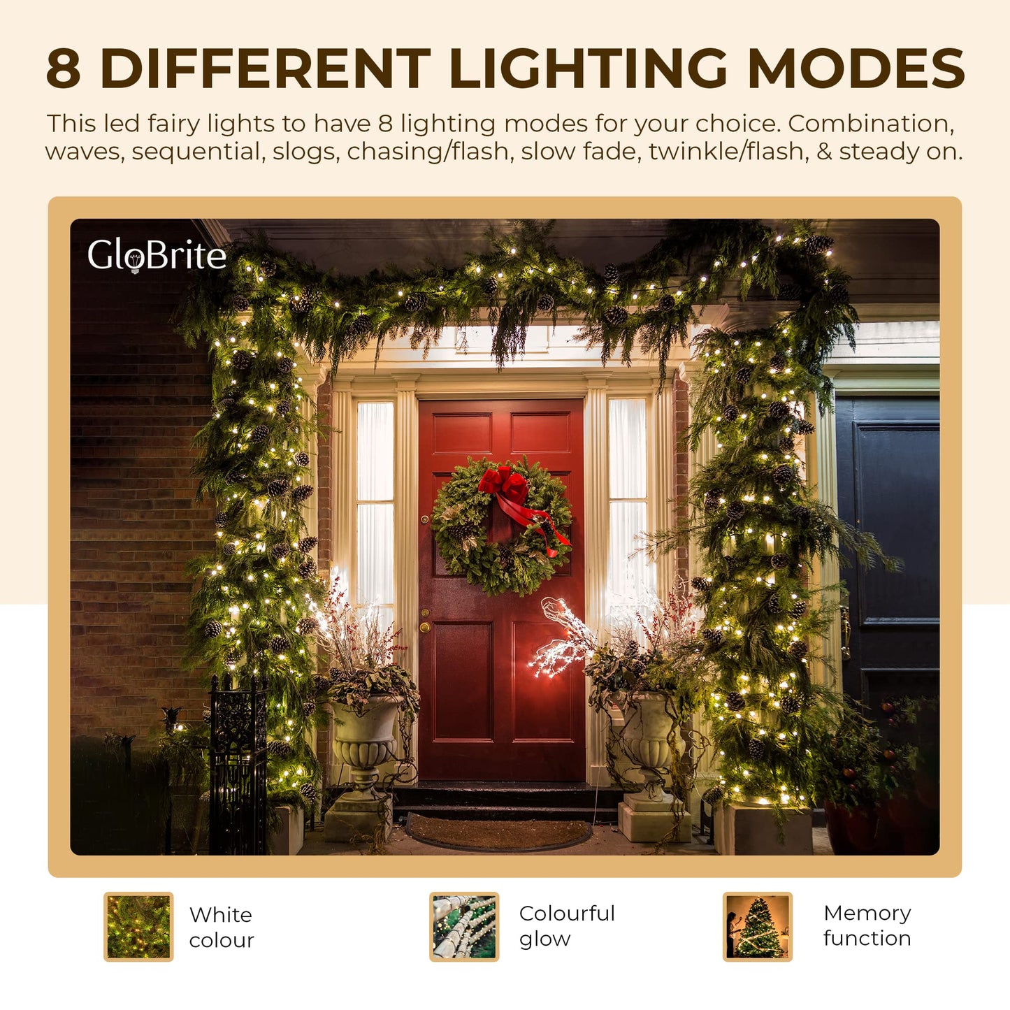 GloBrite Fairy Lights 1000 LED - Christmas Lights with 8 Modes Function for Christmas Tree Outdoor Lights Christmas Lights Garden Lights Christmas Tree Decorations - White