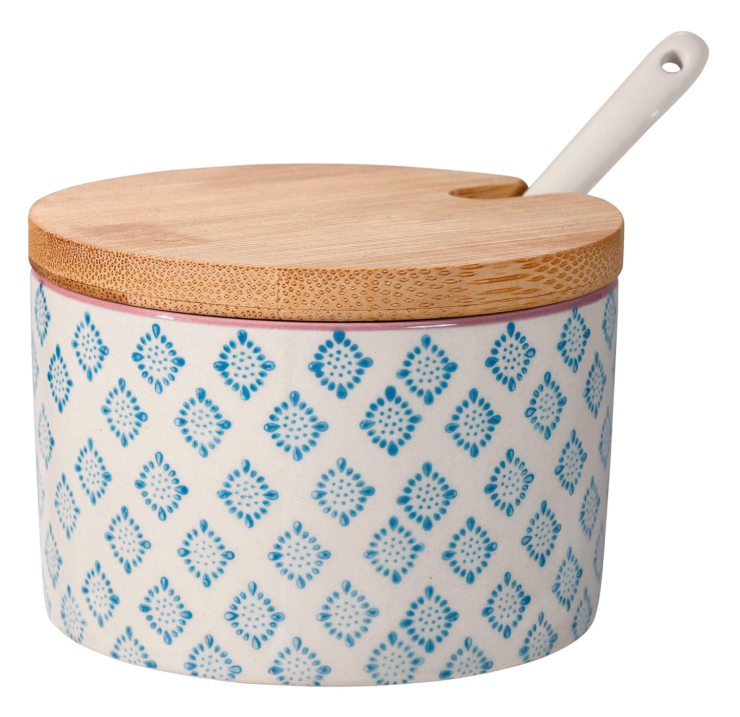 Bloomingville Patrizia Sugar Bowl Stoneware with Bamboo Lid/Spoon - Jar for Salt, Jam, Mustard Dia 4'' H 2.75'', Blue, 8.75 fl oz