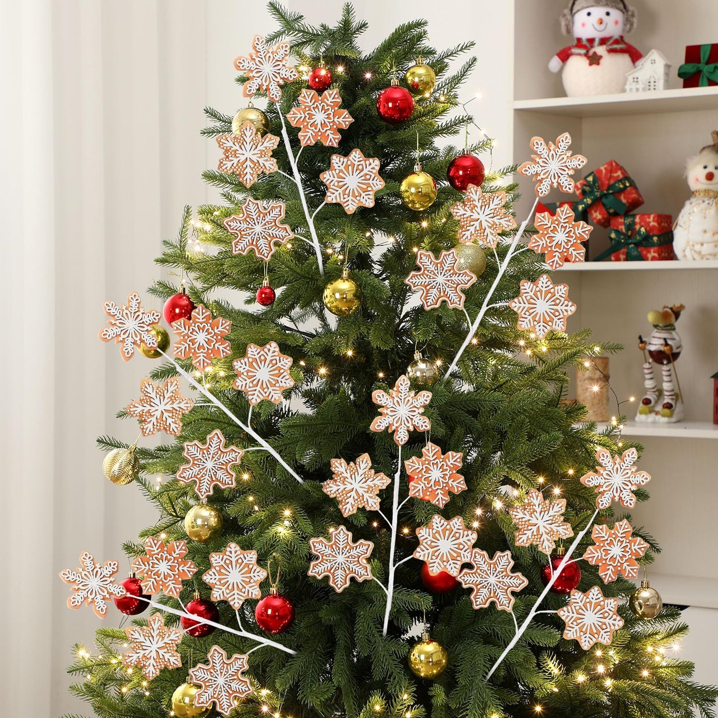 Sosation 6 Pcs 15.8 Inch Christmas Gingerbread Snowflake Picks Gingerbread Snowflake Shape Christmas Tree Sprays Xmas Wooden Ornaments Craft for Xmas Tree Decorations Home Office Vase Party Ornaments