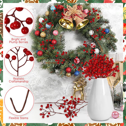 Vipay 24 PCS Christmas Tree Decorations, 7.08 in Red Berry Stem, Artificial Berry Picks Floral Pick for Wreath, Burgundy Holly Berries Branches Christmas Decor for Flowers DIY Garland