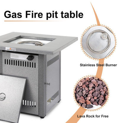 Fire Pit Table, Gas Firepit Square Steel Fire Pit Outdoor Fireplace for Patio with Pulse Ignition System, Small Fire Pit for Deck and Garden, 50000BTU, Silver Grey