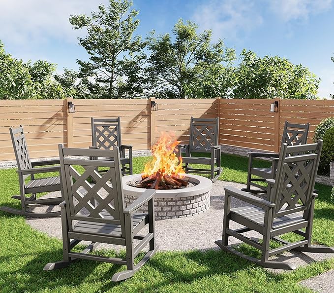 GarveeLife Outdoor Rocking Chair Set of 6, HDPE Weather Resistant Patio Rocking Chair Porch Rocker with Wood Texture & 380 LBS Support for Deck, Pool, Backyard, Gray