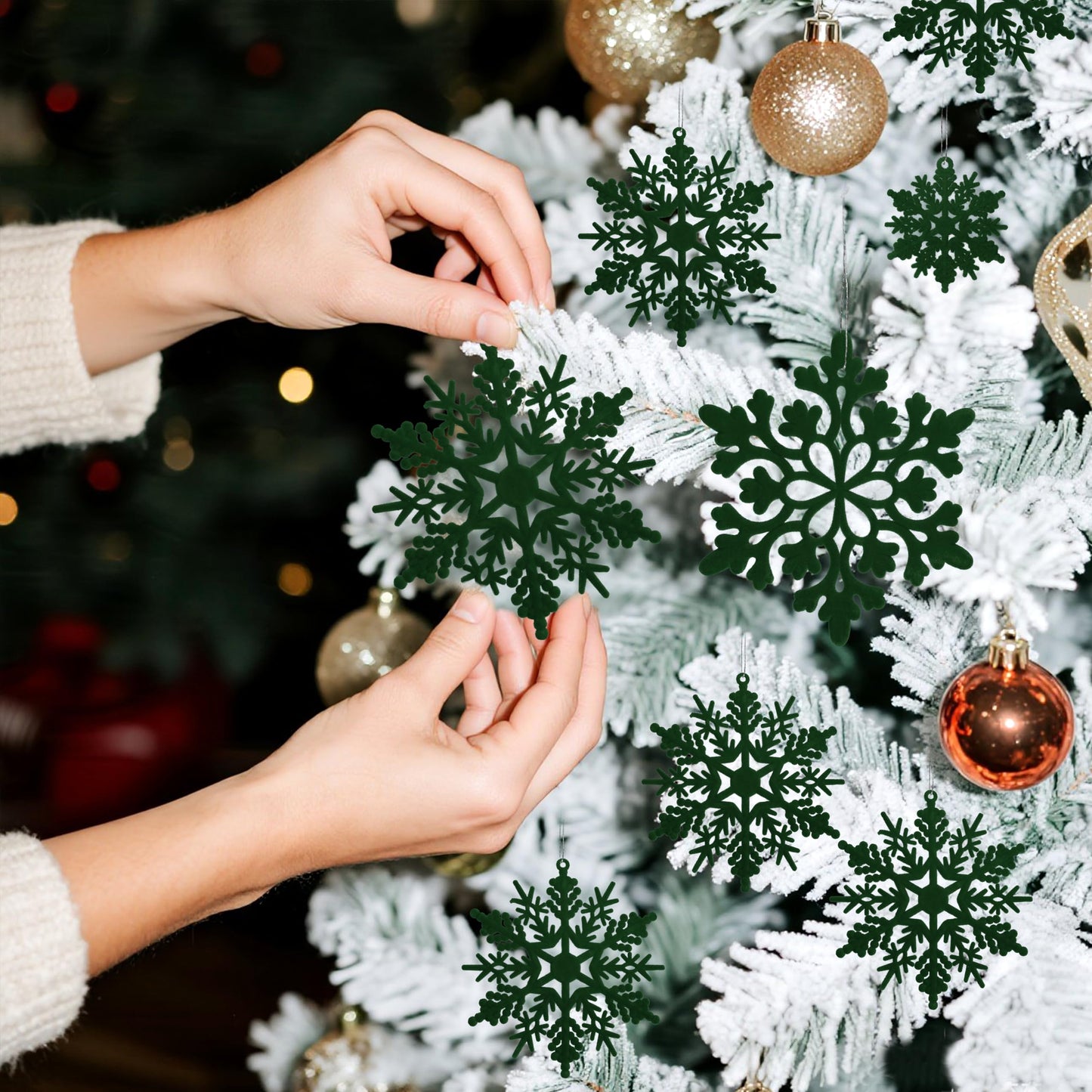 36pcs Dark Green Flocked Christmas Snowflake Ornaments, Hanging Velvet Snow Flakes for Christmas Tree Decorations Winter Wonderland Frozen Birthday Party Holiday Home Decor Craft Snowflakes