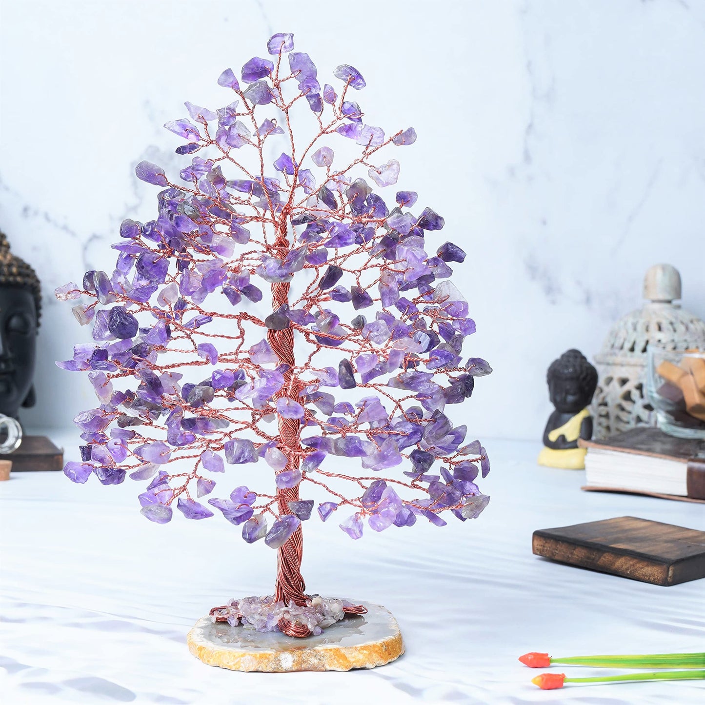 Crocon® Amethyst Crystal Wire Tree with Agate Slice Base - Home Decoration, Crystal Gifts, Birthday Gifts for Women & Men, Wedding, Anniversary, House Warming Gift for Her, Mum, Sister & Grandma