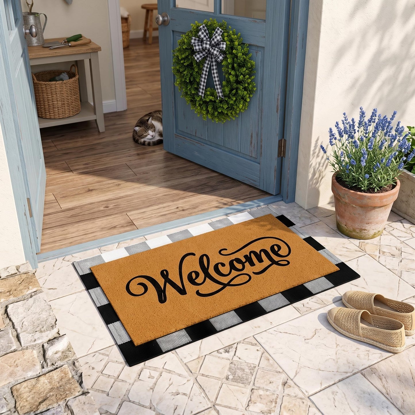 Britimes 3 Pcs Farmhouse Welcome Front Door Mat and Wreath Set Faux Coir Doormat Buffalo Plaid Layering Rug and 19" Greenery Wreath with Bow Outside Decor for Porch