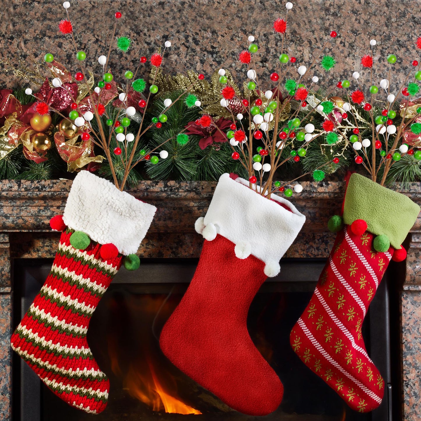 Sggvecsy 6Pcs Artificial Berry Stems 16inch Christmas Tree Picks Red Green White Berry Picks Fake Christmas Berry Branches for Floral Arrangements Christmas Tree Holiday Home Xmas DIY Crafts Decor