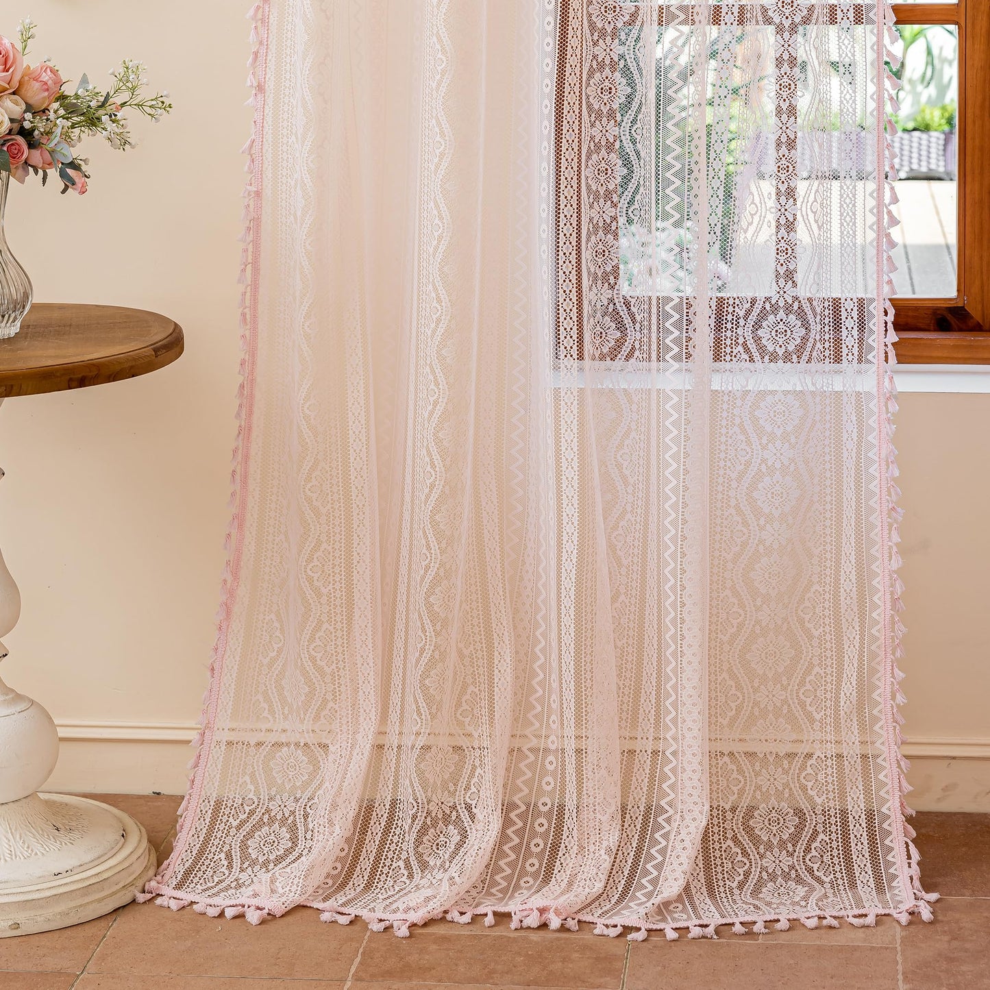 MYSKY HOME Pink Sheer Lace Curtains 2 Panels 63 inch Length for Girls Room Nursery Boho Vintage Floral Crochet Pattern Privacy Rod Pocket Tassels Small Windows Curtains, Wide 55 inch, 2 PCs