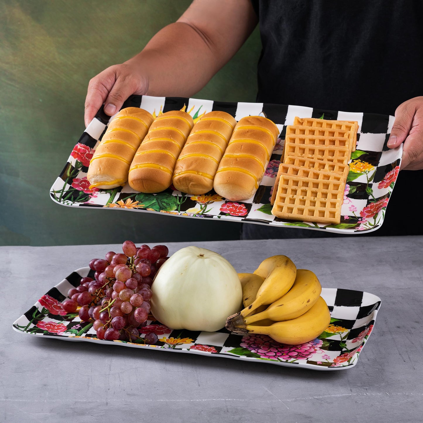 LEHAHA Rectangular Melamine Sunflower Serving Tray, 2-Piece Hydrangea Serving Platter Set, 17.5" x 10" Colorful Trays/Platters Sets for Outdoor and Indoor Dining and Entertaining Parties,Black Plaid