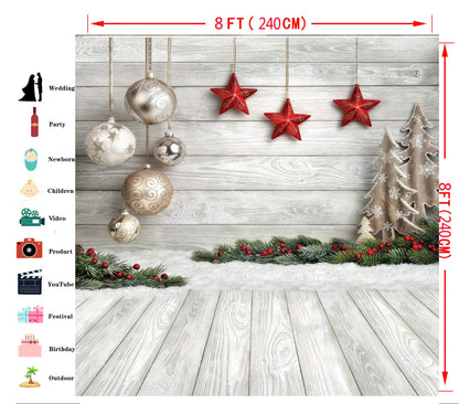 Dudaacvt 8X8ft Christmas Backdrop White Wood Floor with Snowflake Backdrop Christmas Tree Gifts Background for Family Gathering