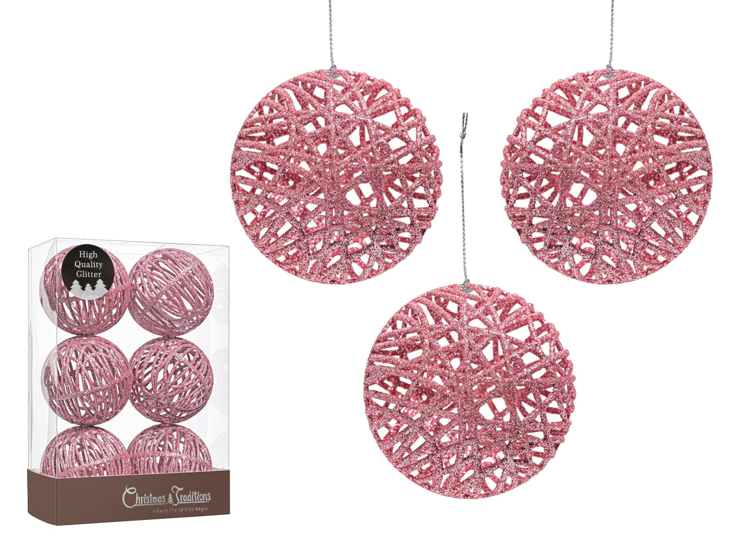 Christmas Traditions 4 inch Pink Glittered Rattan Ball Ornaments Hanging Tree Decorations (Set of 6) (Pink)