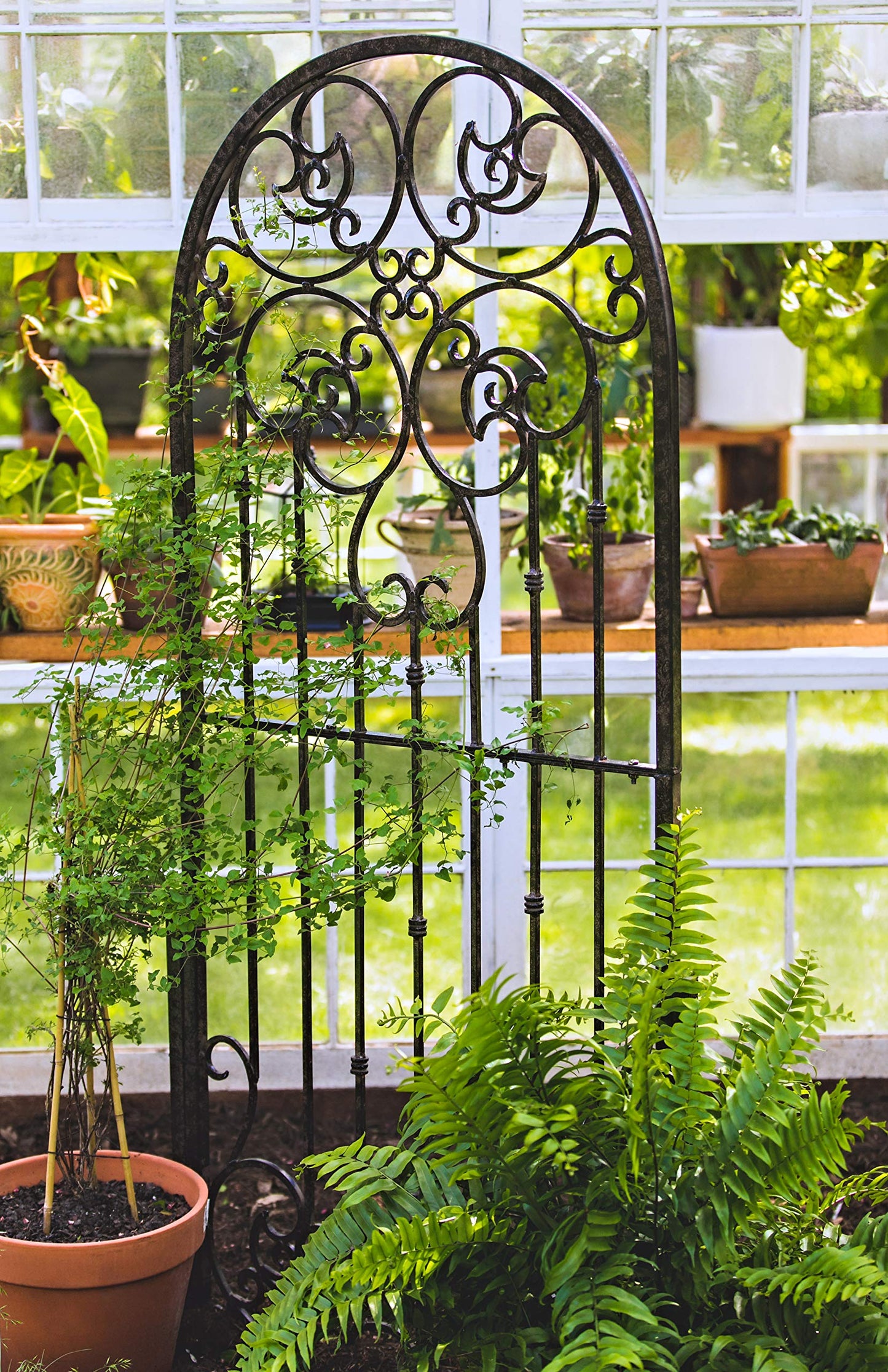 H Potter 72” Heavy Duty Garden Trellis – 60 lb Solid Iron Scrollwork Panel, 1” Metal Frame with Ground & Stabilizing Stakes (Charcoal Brown)