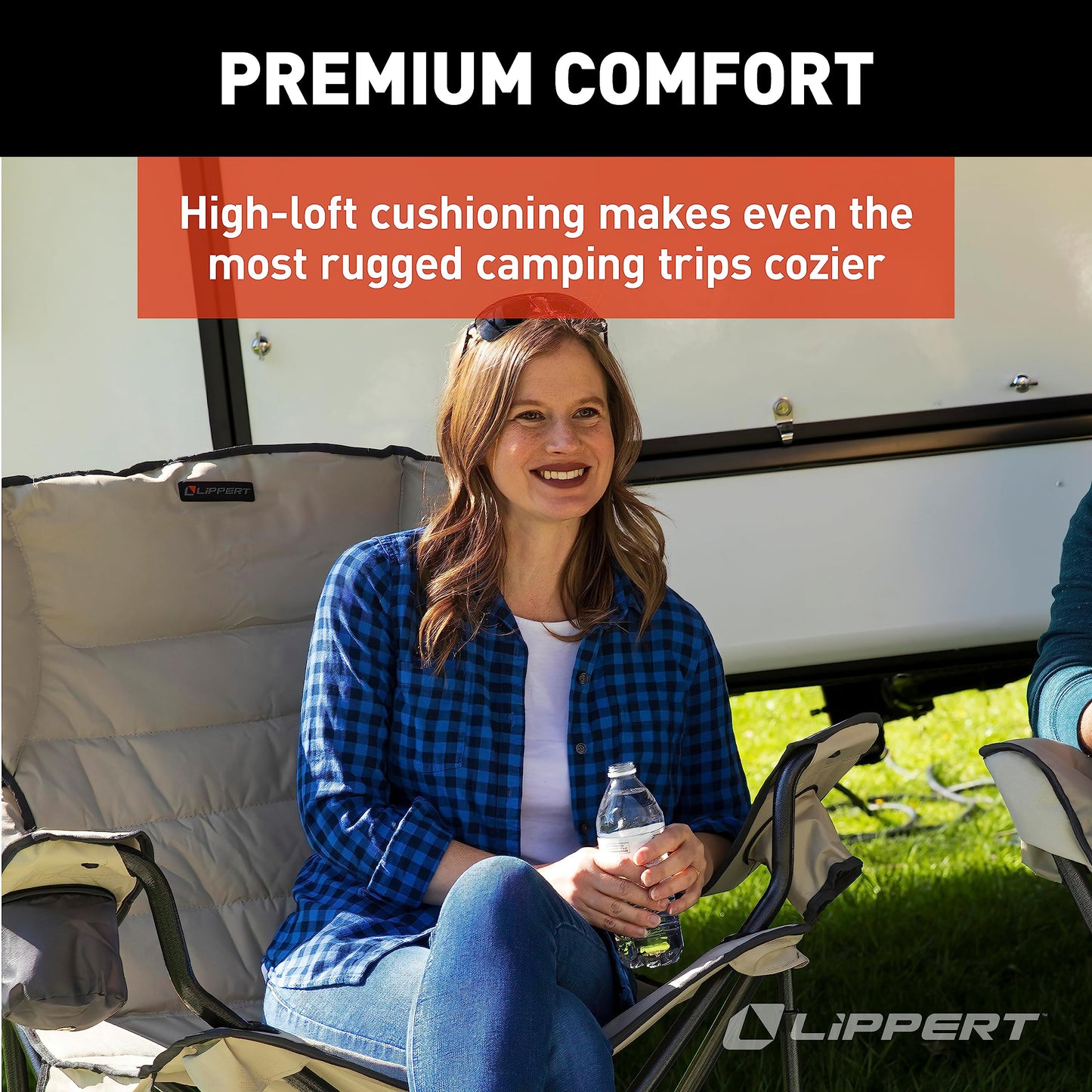 Lippert Campfire Deluxe Folding Chair - Sand, High-Loft, Foldable Cushion Chair, Dual Cup Holders, Power Coated Steel Frame, Durable 600D Outdoor Polyester Fabric, 500 lb. Capacity, 2022114819