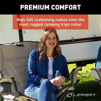 Lippert Campfire Deluxe Folding Chair - Sand, High-Loft, Foldable Cushion Chair, Dual Cup Holders, Power Coated Steel Frame, Durable 600D Outdoor Polyester Fabric, 500 lb. Capacity, 2022114819