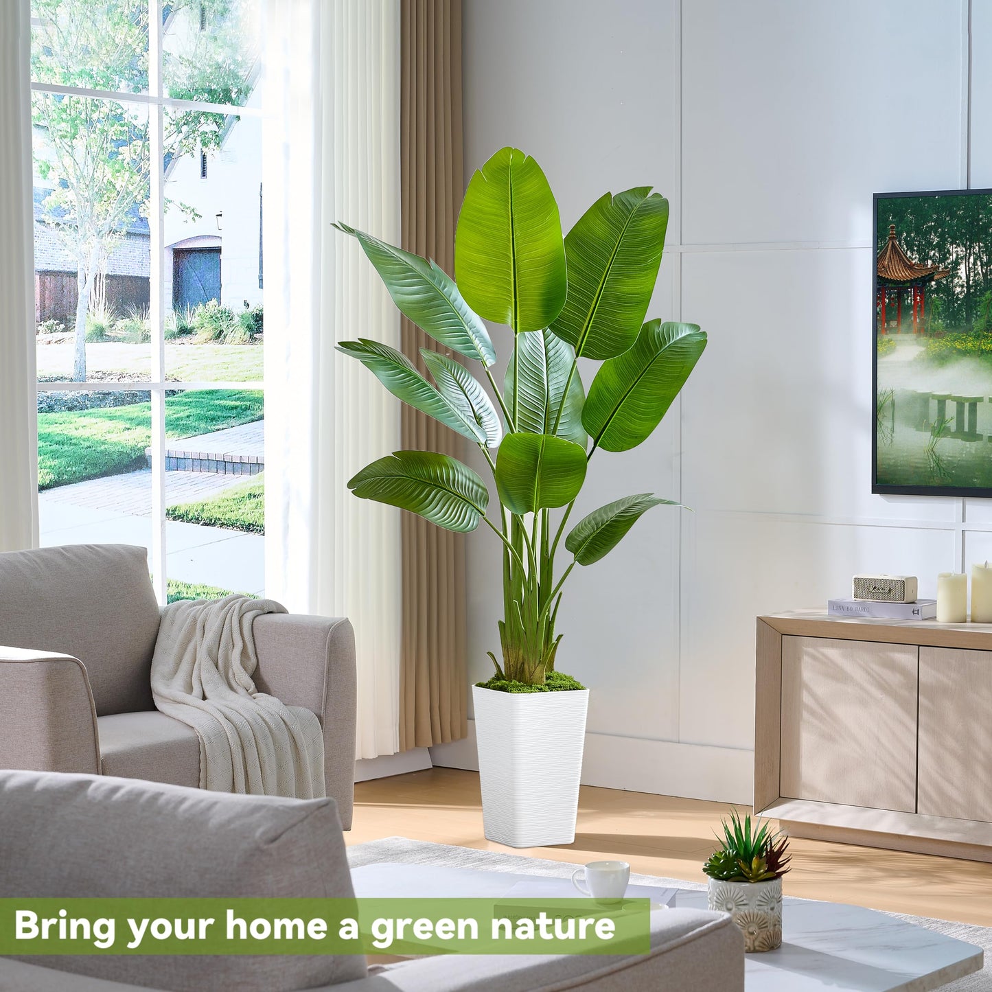 Bird of Paradise Artificial Plant, 5FT Faux Plants Indoor Banana Leaf Tree with 9 Leaves, Large Fake Tropical Potted Indoor Silk Floor Plant with White Tall Planter for House,Office,Room,Home Decor