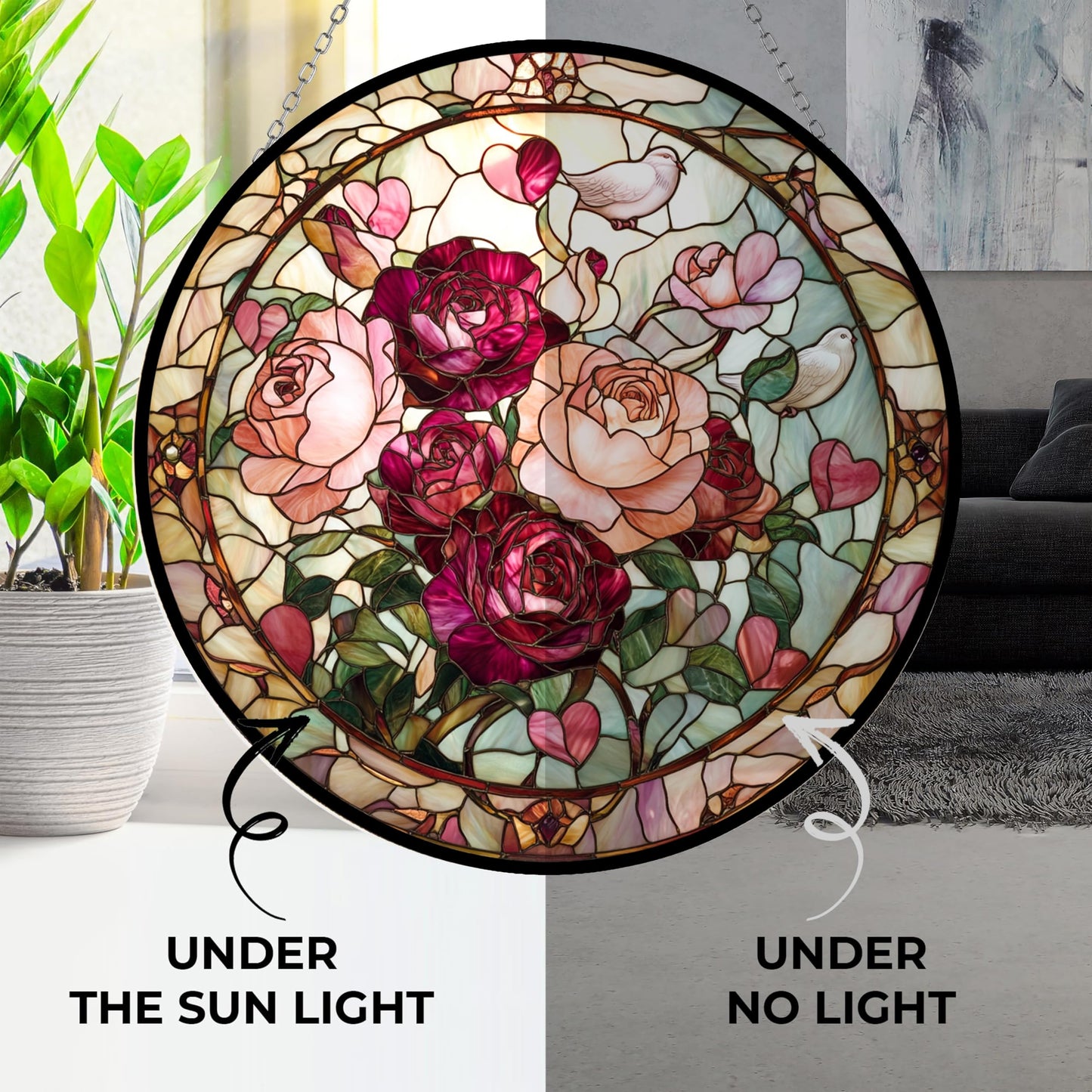 HYPESTYLE Valentine Blooming Roses Stained Glass Window Hanging by Clare Donovan, Suncatcher for Women, Stained Glass Window Decor Perfect Home Décor