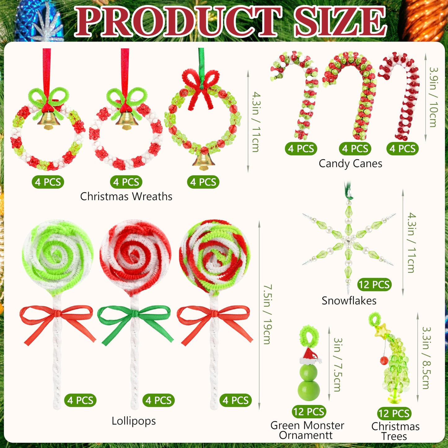 72 PCS Christmas Crafts DIY Beaded Ornaments Kits for Adults with 6 Styles - Green Monster, Tree, Wreath, Candy Cane, Lollipop, Snowflake for Winter Holiday Christmas Tree Decor