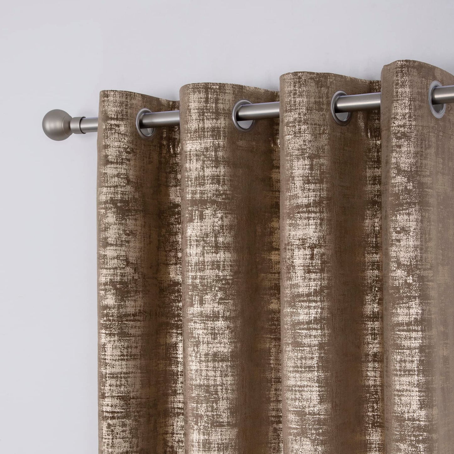 always4u 100% Blackout Soft Velvet Curtains for Bedroom Living Room Thermal Energy Saving 95 Inches Long Luxury Gold Foil Print Drapes 2 Panels Mocha